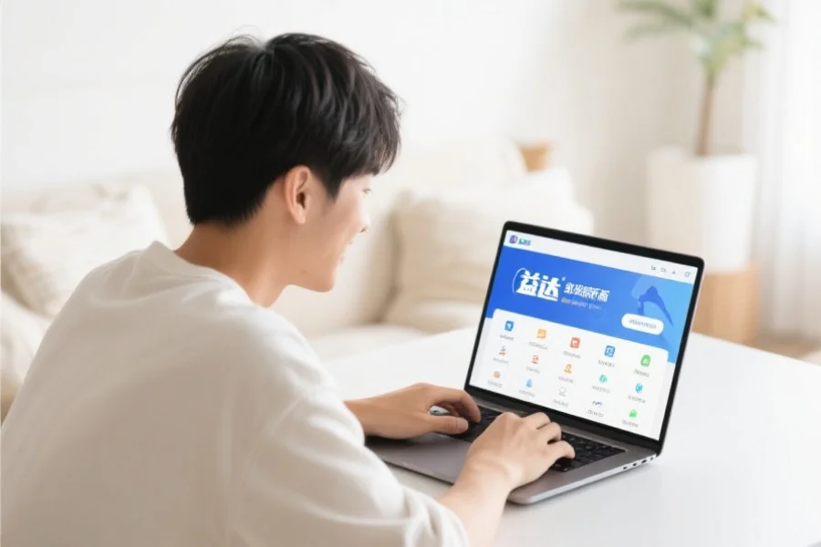 一位年轻用户在明亮舒适的室内环境中愉快地使用笔记本电脑，屏幕上展示新城客户端新版界面